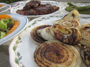 We grilled the onions over medium –high heat for about 15 minutes and flipped them several times. 