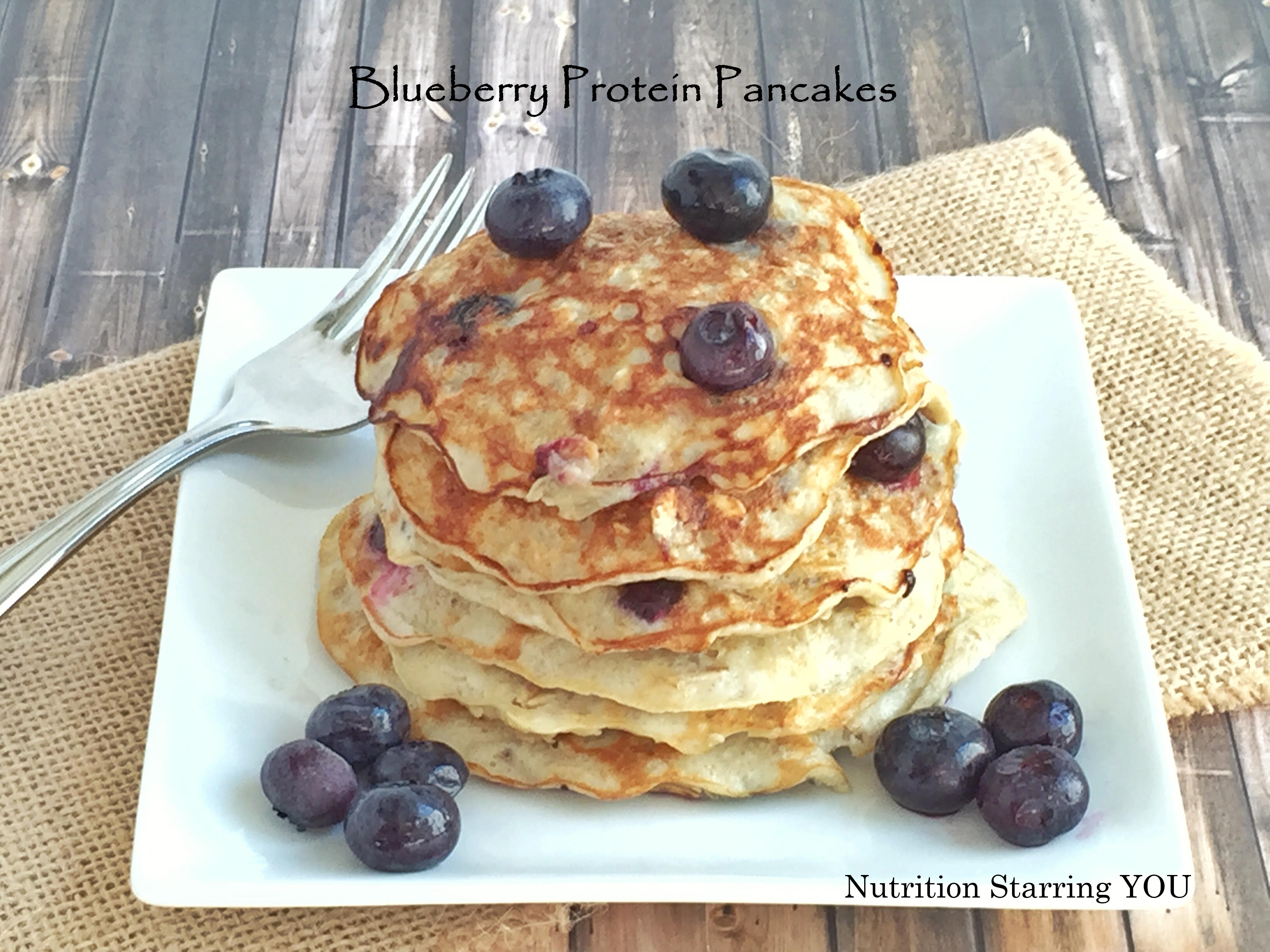 Blueberry Protein Pancakes with text