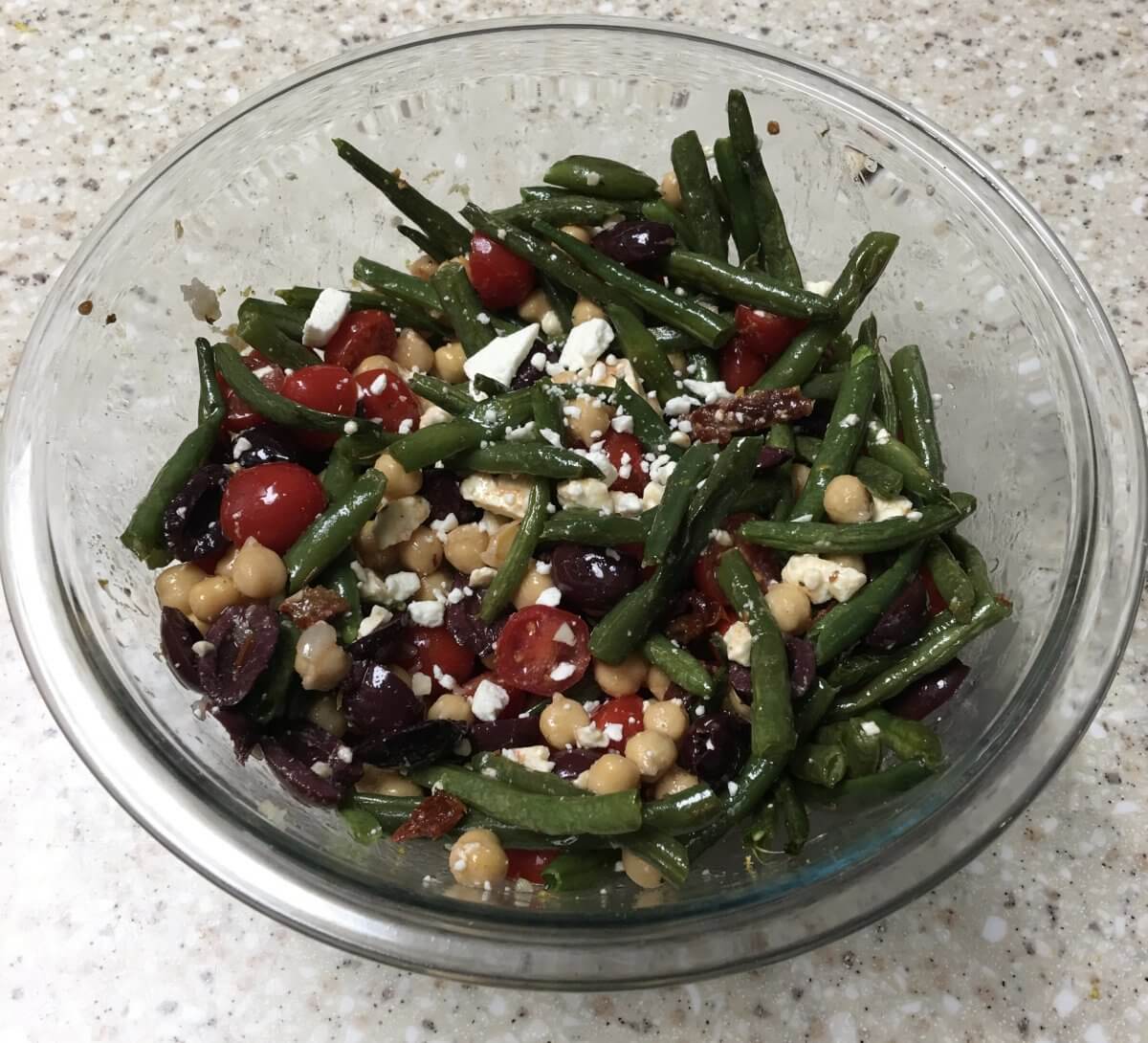 angela's green bean chickpea and sundried tomato salad with feta and olives