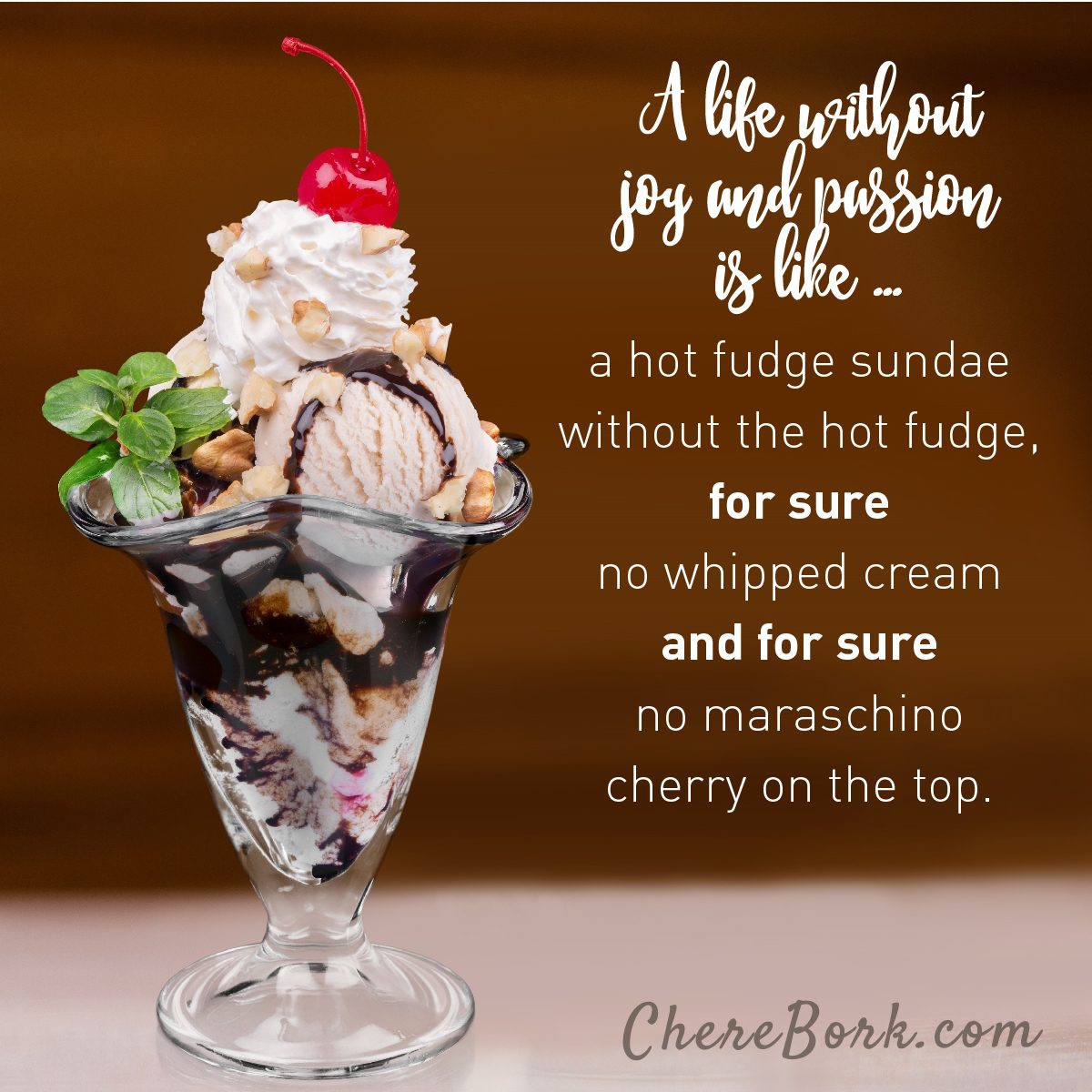 A life without joy and passion is like a hot fudge sundae without the hot fudge, for sure no whipped cream and for sure no maraschino cherry on the top -Chere Bork