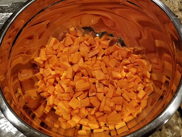 Cubed sweet potatoes for Kristin Pearson's massaged kale salad