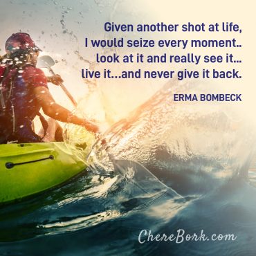 Given another shot at life, I would seize every moment.. look at it and really see it... live it...and never give it back. -Erma Bombeck